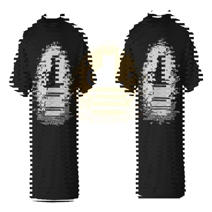 Cute Cat Sitting On Books With Mushrooms Cottage Core T-Shirt