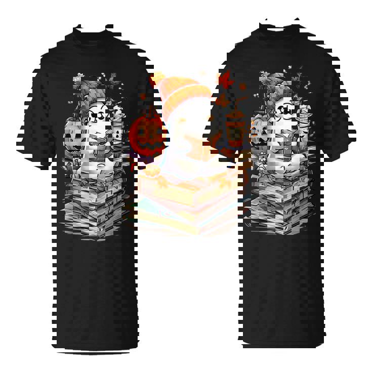 Cute Ghost Reading Book Lovers Autumn Fall Halloween Ghost T-Shirt