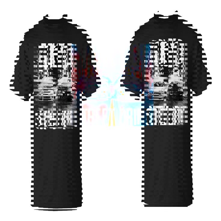 Jdm日本人ドリフトレースカー2台 東京ストリートドリフト夜 Tシャツ