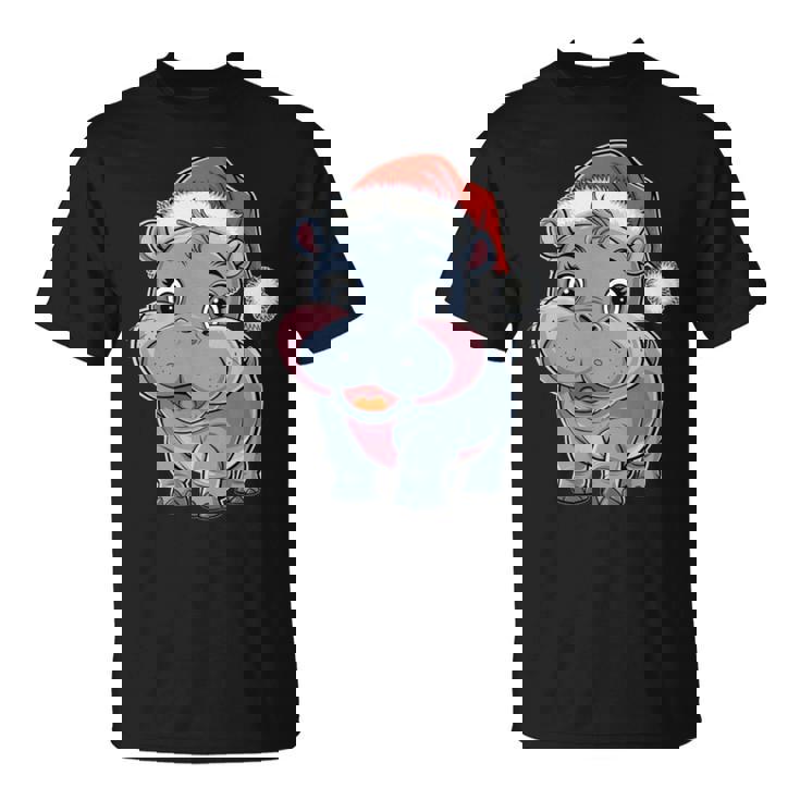 Joli Petit Hippopotame Chapeau De Père Noël Coloré Amusant Manche Longue T-Shirt