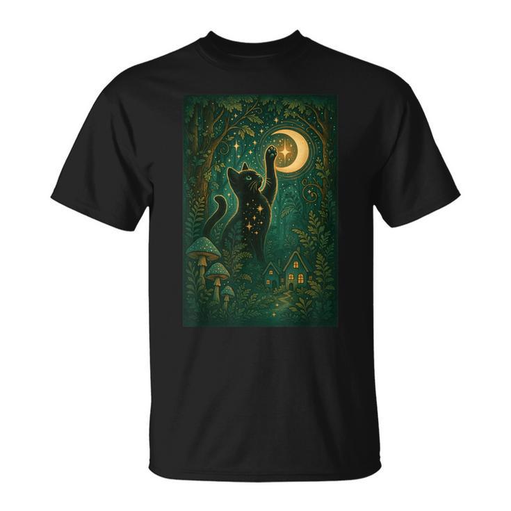 Magical Black Cat Moon Forest Fantasy Cottagecore T-Shirt