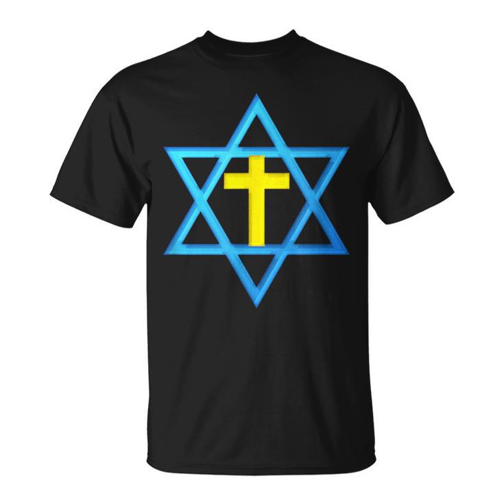 Messianique Étoile De David Avec Croix Dorée T-Shirt