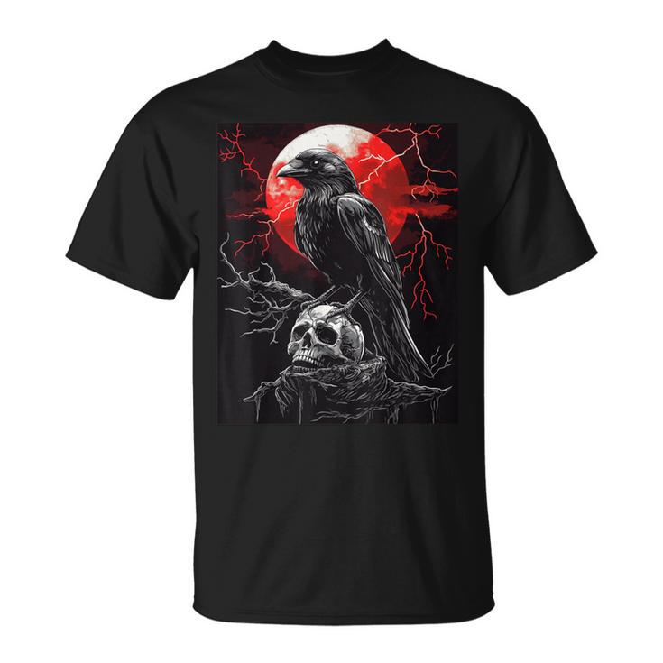 Raven Skull Moon Scary Black Gothic Spooky Black Crow T-Shirt