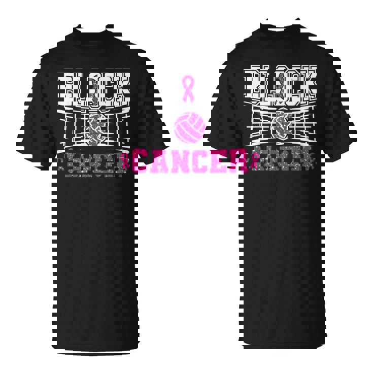 Volleyball Breast Cancer Awareness Block Out Cancer Pink T-Shirt