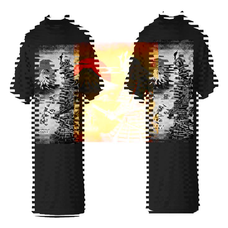 「夜明けの富士山と壮大な侍戦士」 Tシャツ