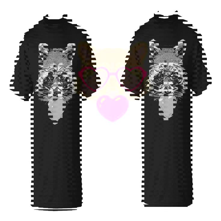 かわいいアライグマが吹くピンクのバレンタイン ハート バブルガム Tシャツ