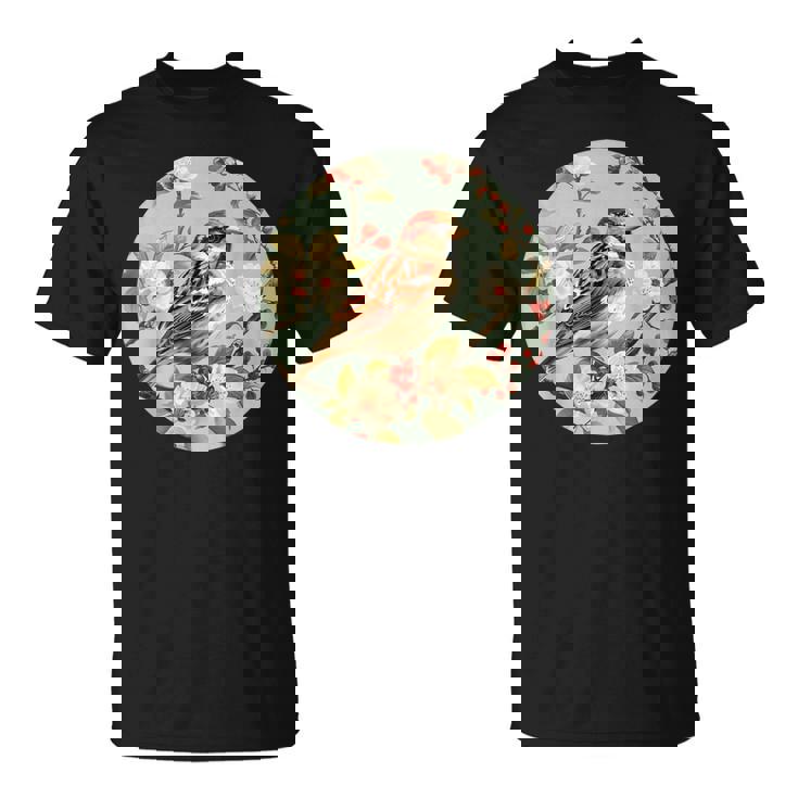 かわいい花のスズメの花の家のスズメ。 Tシャツ