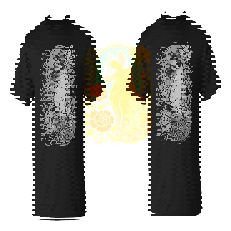 エレガントなガーデンフローラルに囲まれたヴィンテージシャム猫 Tシャツ