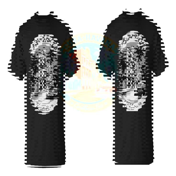 キューバ ハバナ レトロ 車 ヴィンテージ カリブ海のヤシの木 Tシャツ
