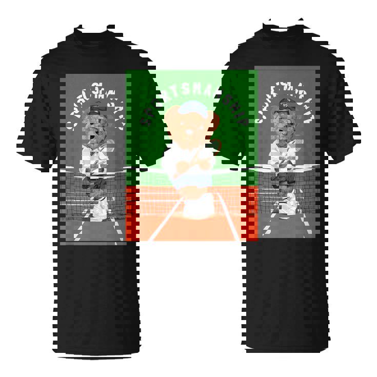 クールなテディベア テニス イラスト グラフィックデザイン Tシャツ
