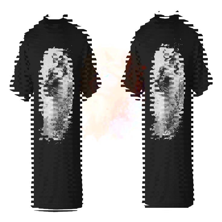 シャム猫 日本の桜 花柄 水彩 猫 Tシャツ