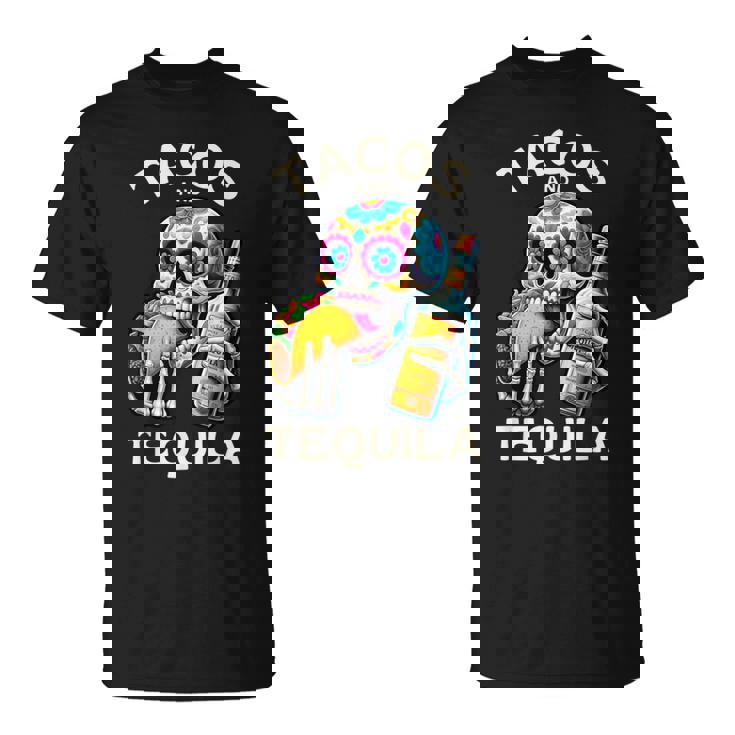 タコスとテキーラ キャンディスカル シンコ・デ・マヨ ロス・ムルトス Tシャツ