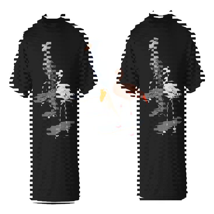 ハシビロコウ フラミンゴ スケートボード 鳥 動物 図 バードウォッチング 贈り物 鳥類学者 生物学者 自然科学 Tシャツ