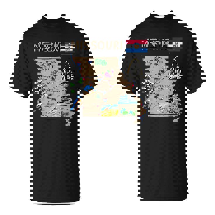 ミズーリ州のランドマーク、主要都市、道路、旗の地図 Tシャツ