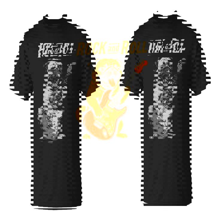 ロックするパグ犬 ギター演奏の面白デザイン Tシャツ