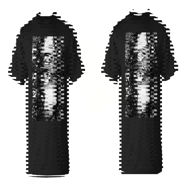 不気味な漫画 少女 怖い目 ホラー ハロウィン 恐ろしい Tシャツ