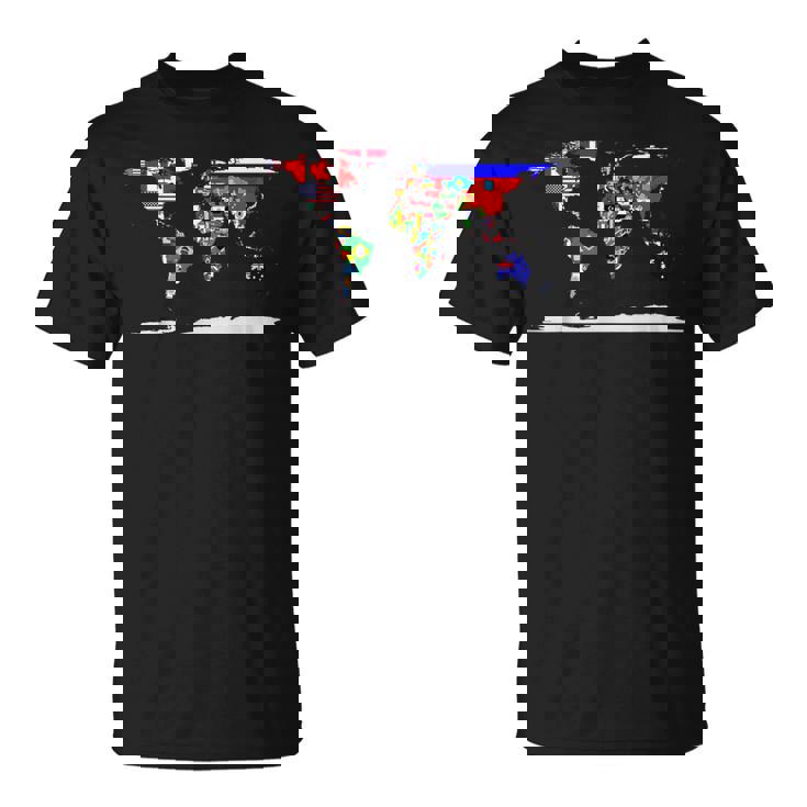 世界地図と世界の国の旗 Tシャツ