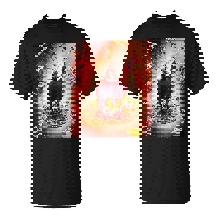 宇宙 猫 ライディング ラマ ユニコーン ピザ Tシャツ