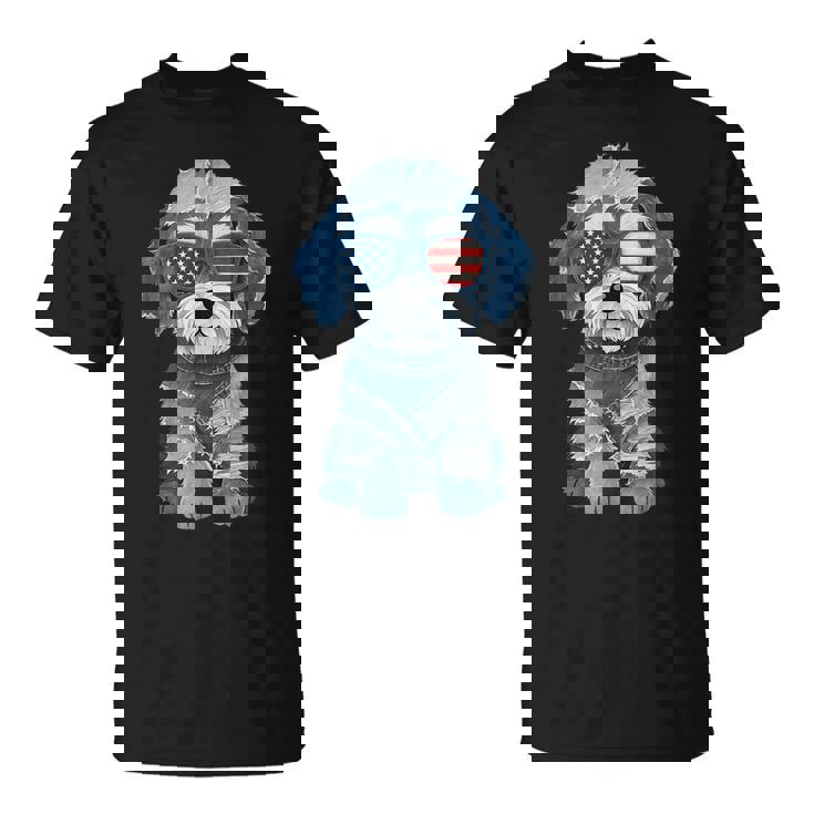 犬 柄 デニム パッチワーク アート Tシャツ