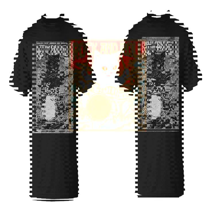 猫 演奏 ドラム ロック オン ヴィンテージ ロック ドラマー 猫 長袖tシャツ Tシャツ