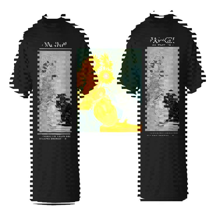 面白いゴッホ風変わりな猫とひまわりの花瓶パロディアート Tシャツ