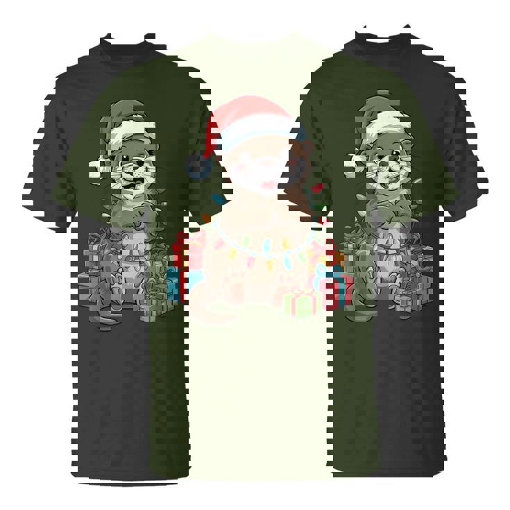 Otter Santa Hat Animals Lovers Ugly Christmas Pajamas T-Shirt