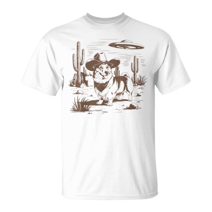 Ufo Corgi Western Alien Vintage 90S Wild West Fun Cowboy Dog T-Shirt
