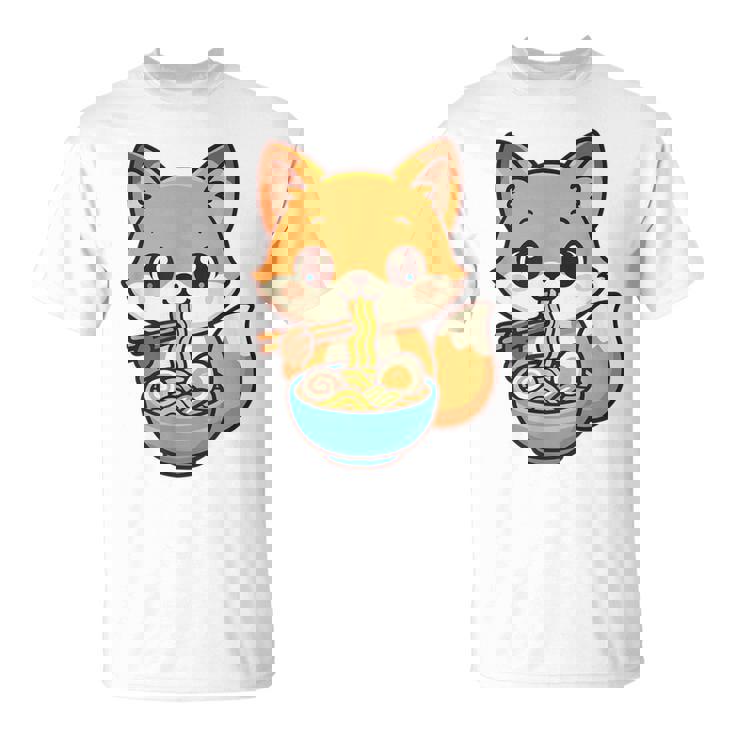 かわいいキツネを食べるラーメンかわいい動物アート Tシャツ