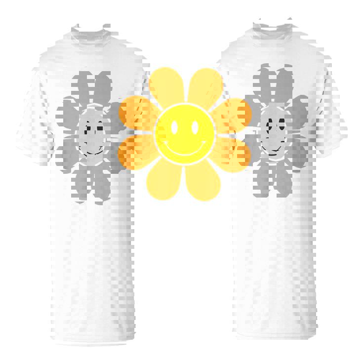 オレンジ70年代レトロファンキーフラワー、イエロースマイルフェイス Tシャツ