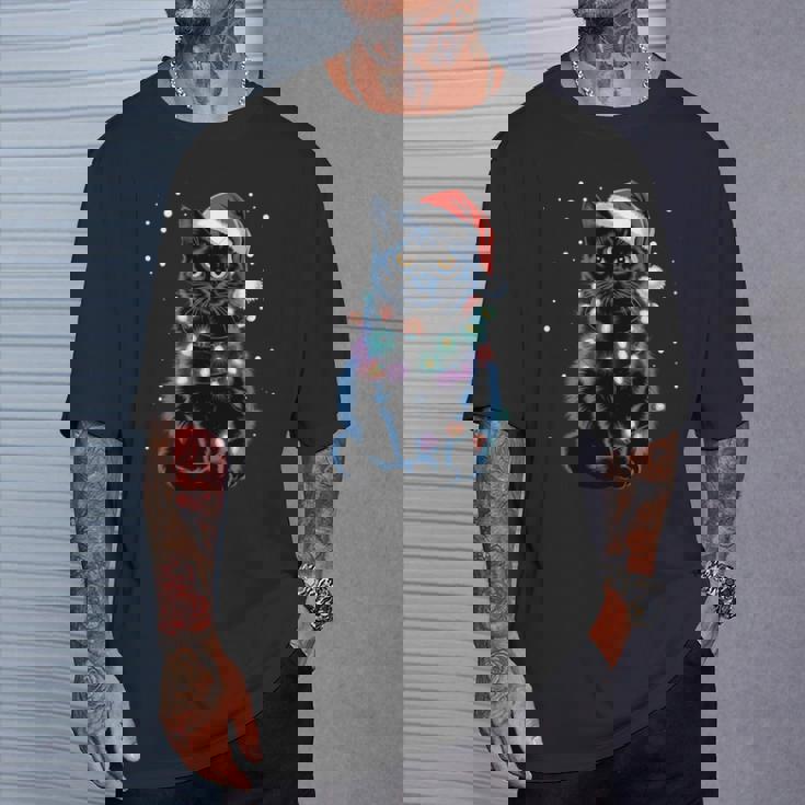 Chat Noir Guirlande Lumineuse Du Père Noël Chat Du Père Noël Manche Longue T-Shirt Cadeaux pour lui