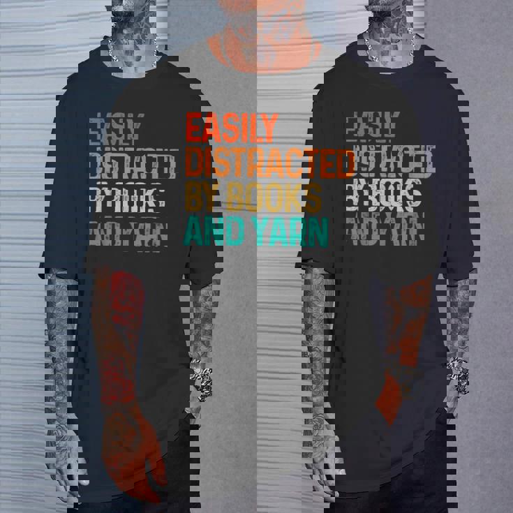 Easily Distracted By Books And Yarn Knitting T-Shirt Gifts for Him