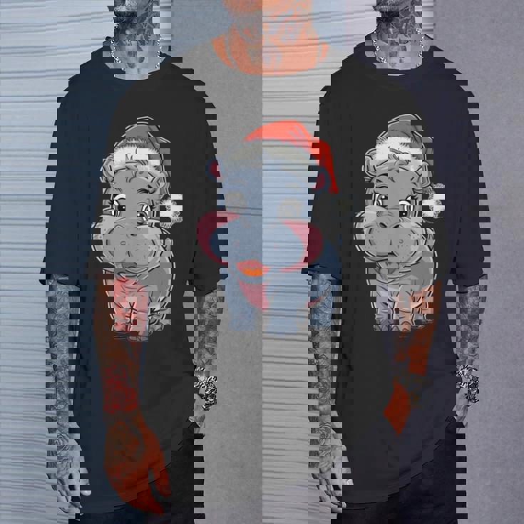 Joli Petit Hippopotame Chapeau De Père Noël Coloré Amusant Manche Longue T-Shirt Cadeaux pour lui