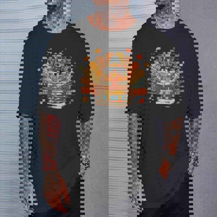 Thanksgiving Turkey Reading Book Fall Season Teacher Costume T-Shirt Gifts for Him