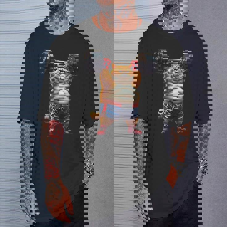 ギャグ ぽっちゃり猫 筋トレ ウエイトリフティング ジム 面白い グラフィック猫ミーム Tシャツ 彼への贈り物