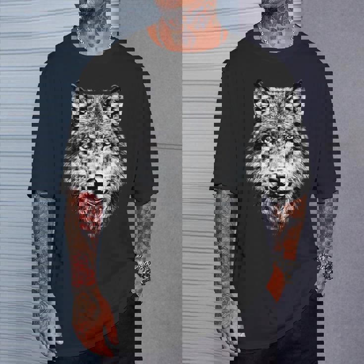 オオカミのモチーフ オオカミが大好き オオカミの群れ オオカミの犬 野生のオオカミ Tシャツ 彼への贈り物