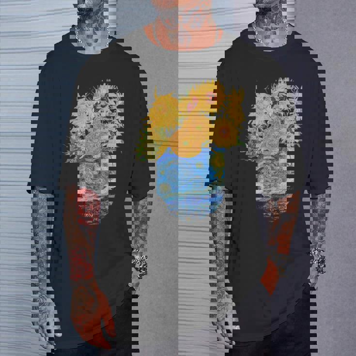 ゴッホ ひまわり&星月夜ポケット 美的アート Tシャツ 彼への贈り物