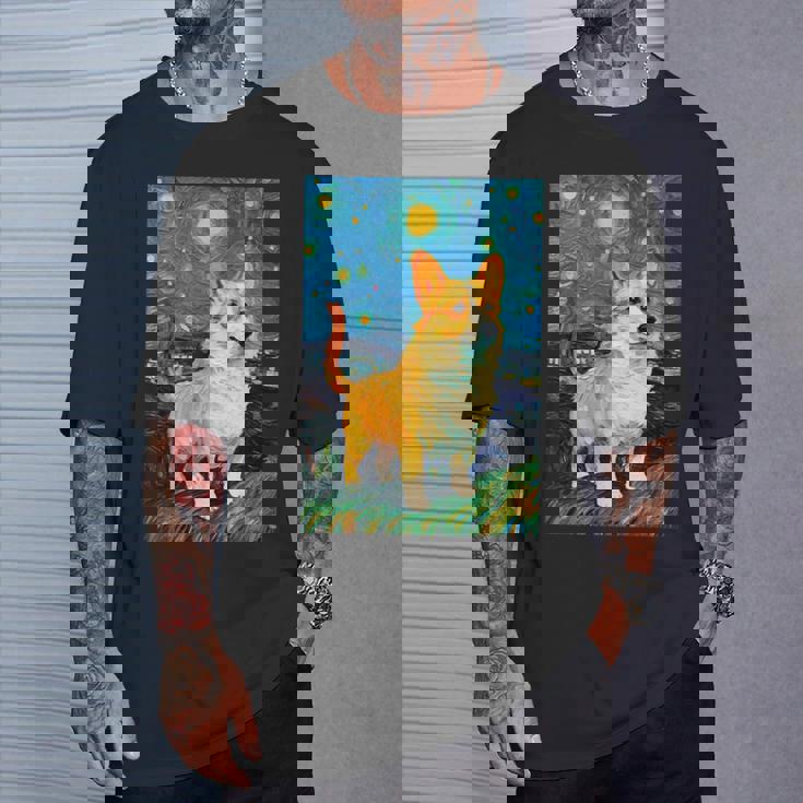 ゴッホ動物アート 動物愛好家のためのかわいいコーギー犬 Tシャツ 彼への贈り物