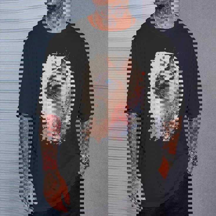 シャム猫 日本の桜 花柄 水彩 猫 Tシャツ 彼への贈り物