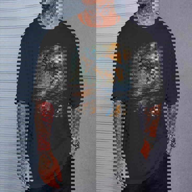 ティレックス 夜に吠える恐竜 リアルなグラフィックデザイン 長袖tシャツ Tシャツ 彼への贈り物