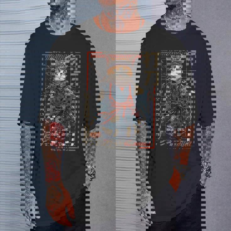 レトロな侍猫 戦士の猫 長袖tシャツ Tシャツ 彼への贈り物