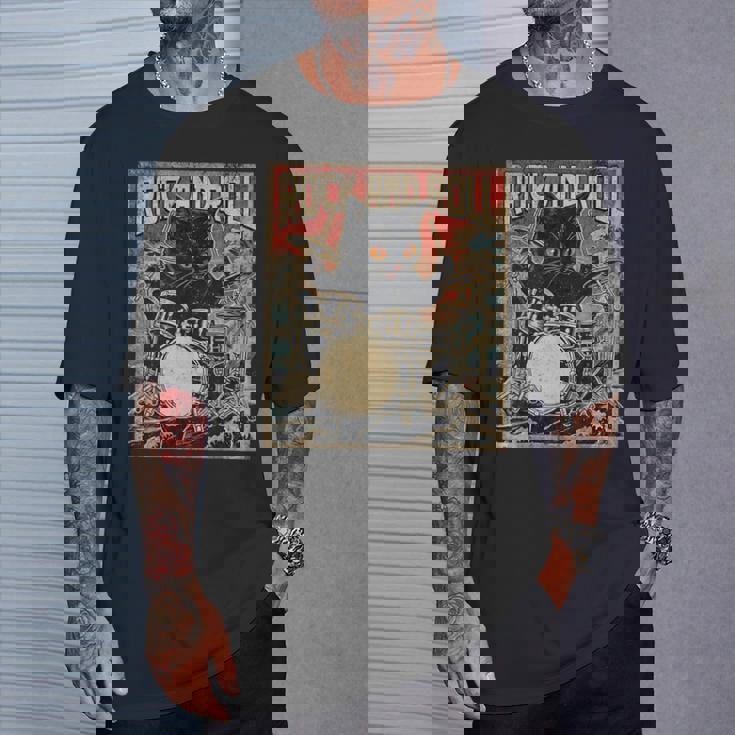 猫 演奏 ドラム ロック オン ヴィンテージ ロック ドラマー 猫 長袖tシャツ Tシャツ 彼への贈り物