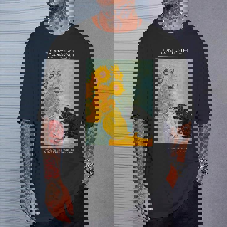 面白いゴッホ風変わりな猫とひまわりの花瓶パロディアート Tシャツ 彼への贈り物