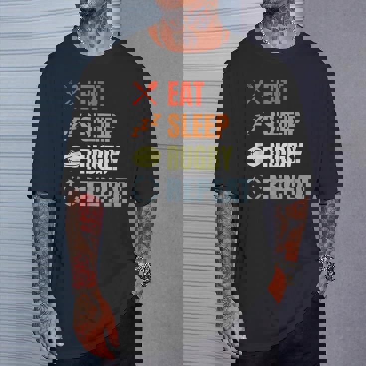 食べる寝るラグビーリピートラグビーコーチチームスポーツ Tシャツ 彼への贈り物