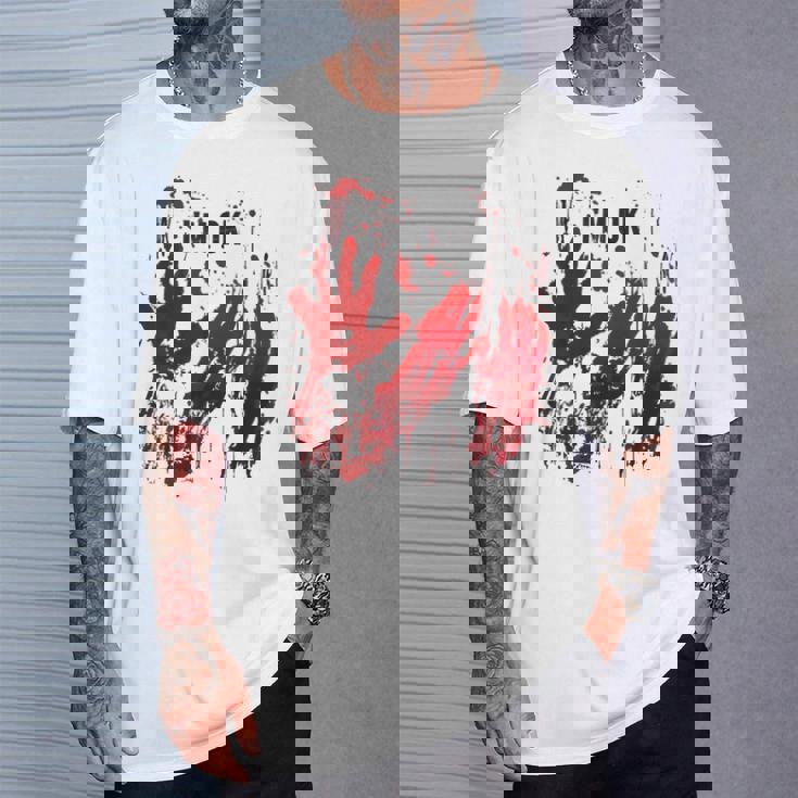 I'm Ok シャツ 血まみれ シャツ 手 血のはね 血 ステンド Tシャツ 彼への贈り物