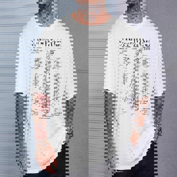 サックス オールド ヴィンテージ 特許 図面 プリント Tシャツ 彼への贈り物