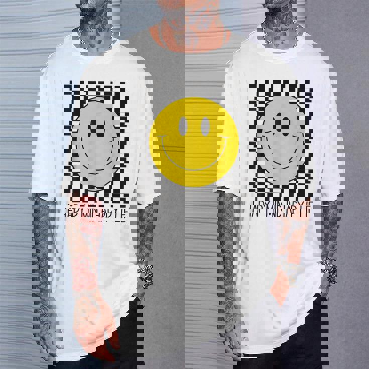 ハッピーマインド ハッピーライフ 70年代 スマイルチェック ハッピースマイルフェイス Tシャツ 彼への贈り物