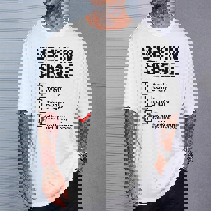 面白い皮肉な大人のユーモアの独身パーティーなぜ私は独身なのか Tシャツ 彼への贈り物