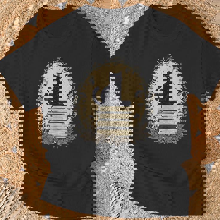 Cute Cat Sitting On Books With Mushrooms Cottage Core T-Shirt Gifts for Old Men