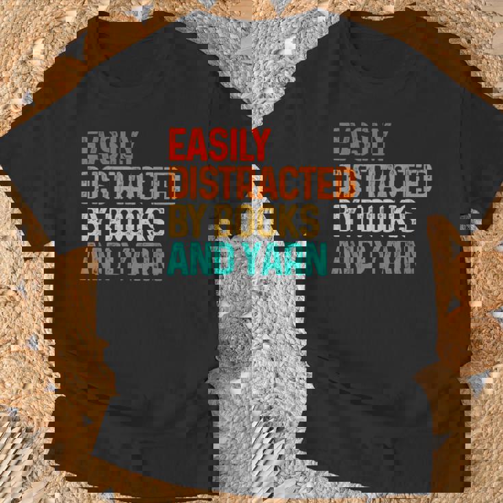 Easily Distracted By Books And Yarn Knitting T-Shirt Gifts for Old Men