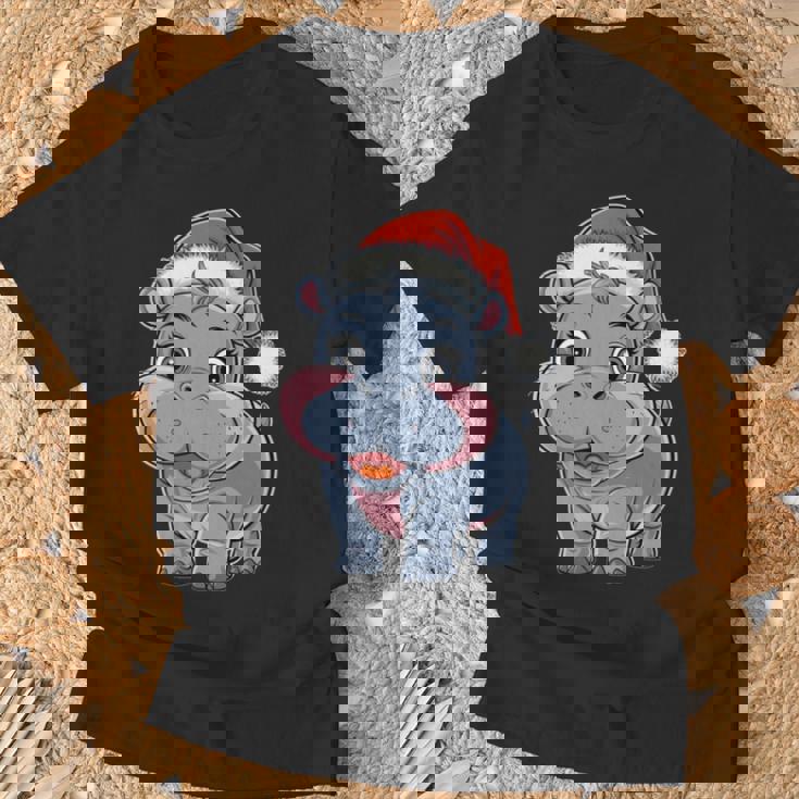 Joli Petit Hippopotame Chapeau De Père Noël Coloré Amusant Manche Longue T-Shirt Cadeaux pour les vieillards